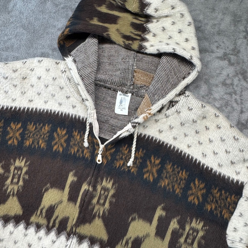 Aly Marka Wool Alpaca Print Full Zip Hoodie Sweater Jacket‎ XL